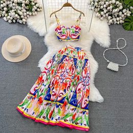 Two Piece Dress Designer Runway Fashion Sexy Two Piece Set Spaghetti Strap Cup Padded Short Top Vintage Print Long Skirt Suit Women New Summer 2024