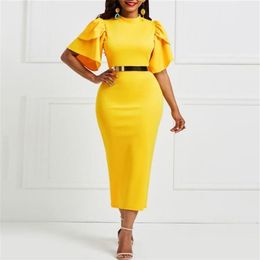 Elegant Dress Women For Wedding Party Wear Bodycon Ankle Length Solid Puff Sleeve Evening Night Dinner Vestidos Mujer 210510249j