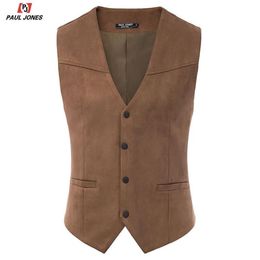 JONES Men Faux Suede Leather Suit Vest Casual Western Waistcoat V-Neck Snap-Button Placket Sleeveless Jacket Vests PJE02026284S