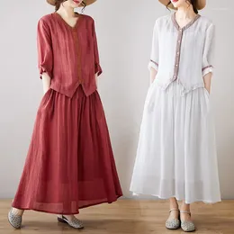 Work Dresses 2023 Summer Suits Large Size Women's Loose Fashionable Retro Embroidery Cotton Linen Shirt And Skirt Casual Two Piece Set Z1929