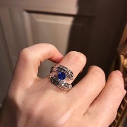 Top Sell Sparkling Wedding Rings Jewellery Sterling Sier Cushion Shape Blue Sapphire CZ Diamond Gemstones Party Women Eternity Open Adjustable Ring