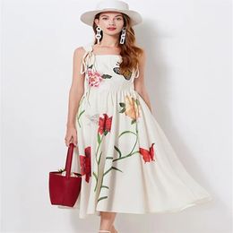 Basic Casual Dresses High Quality Luxury Design Lace Up Butterfly Flower Embroidery Dress Women Print Spaghetti Strap Slim High Wa181R