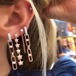 Whole Rose Gold Color Punk Rock Crystal Cubic Zirconia Paved Latest Design Fashion Long Link Chain Hoop Earring For Women2327