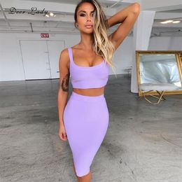 Casual Dresses Deer Lady Bandage Party 2021 Crop Top And Purple 2 Piece Set Bodycon Sexy Celebrity Dress Mini Club252d