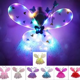 Skirts 4PcsSet Kids Girls Fairy Clothes Flashing LED Tutu Skirts Glowing Fairy Stick Wing Hairband Party Role-playing Props Dance Wear 231013