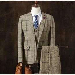 Men's Suits Selling Plaid Men 3 Pieces Slim Fit Business Groom Tuxedos For Formal Custom Wedding Suit (Jacket Pants Vest)