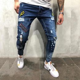 Men's Clothing Denim Trousers 2021Spring New Mens Patchwork Badge Hole Jeans Man Slim Fit Biker Ripped Jean Skinny Pants Homm250l