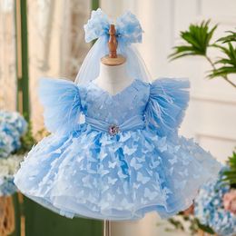 Light Sky Blue Flower Girl Dresses For Wedding Diamond Butterfly Appliques Ball Gown Appliqued Pageant Gowns Tutu Princess Party Tulle First Holy Communion