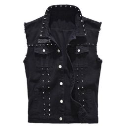 Fashion High Street Men Denim Vest Punk Style Rivet Jeans Waistcoat Plus Size M-5XL Male Motorcycle Sleeveless Jean Jacket Black320E