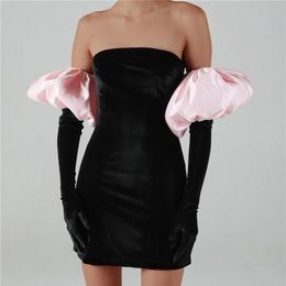 Casual Dresses Winter 2022 Sexy Bodycon Women Mini Dress Gloves Fall Party Backless High Waist Long Puff Sleeve Black Strapless Fe2714