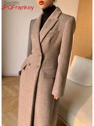 Women's Wool Blends Coffee Coloured Suit Woollen Autumn and Winter New Retro High-end Temperament Waist Length Woollen Coat Women Winter JacketL231014