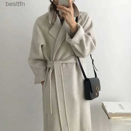 Women's Wool Blends New Fashion Woollen Coat Korean Version Chic Minimalist Gentle Suit Collar Loose Waist Middle Length Woollen CoatL231014