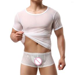 Undershirts Sexy Men Short Sleeve Transparent Tops Fitness T-shirts Lace Boxer Shorts Underwear Clothes Set Shirts For Man