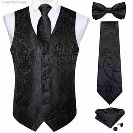 Men's Vests Men Black Paisley Vest Necktie Bowtie Pocket Square Cufflinks Dress Set Classic 5 PCS Business Waistcoat for ManL231014