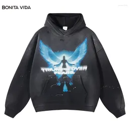 Men's Hoodies Hip Hop Fleece Hoodie Streetwear Vintage Ripped Angel Wing Graphic Print Washed Hooded Sweatshirt 2023 Harajuku Punk Pullover