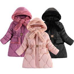 Down Coat 2023 Winter Girls Jacket Solid Color Letter Lining Plus Velvet Cold Protection Big Fur Collar Hooded Heavy Coat For 4-10Y J231013