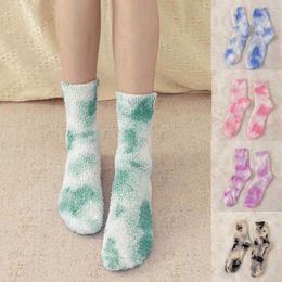 Women Socks Ladies Girls Warm Knee Autumn Winter Tie Dye Pattern Coral Fleece Thick Stockings Nylons For