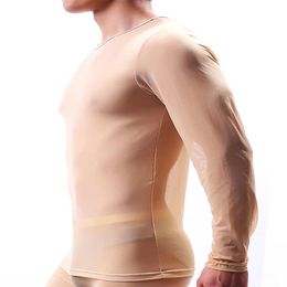 Undershirts Sexy Long-Sleeve T-Shirt Gauze Thin Breathable Mens Transparent Perspective Mesh Underwear Poleras Manga Larga De Mall317R