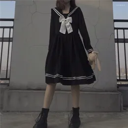 Party Dresses Japanese Lolita Dress Kawaii Sweet Bowknot Robes Long-Sleeve Black Knee-Length Navy Preppy Women Summer 2023