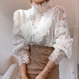 Women's Blouses Korean Sweet Girl Chic Style Lace Hollow Out Flower Shirt Long-sleeved Stand Collar Single Breasted Top Female Clothes