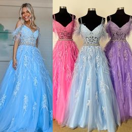 Lavender Formal Evening Dress 2k24 Lace Applique Feather Tulle Lady Pageant Prom Cocktail Party Gown Saudi Arabia Red Carpet Runway Drama Black-Tie Beading Straps