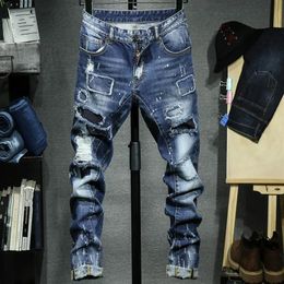 Men's Jeans Fashion Ripped Men Patchwork Hollow Out Pants Man Cowboys Demin Male2173