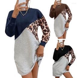 Women's Hoodies Women Leopard Long Sleeve Sweatshirt Dress Casual Pullover Tunics Top Loose Fit Crewneck Mini Sweater Dresses Streetwear