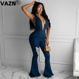 VAZN 2020 High-end Denim Flare Plus Size Spaghetti Strap Backless Joker Elegant Solid High Waist Women Long Jumpsuits251t