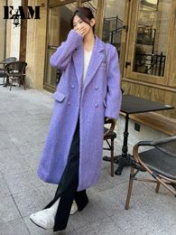 Women' Blends EAM Loose Fit Purple Big Size Long Elegant Woollen Coat Parkas Sleeve Women Fashion Autumn Winter 2023 1DF3550 231013