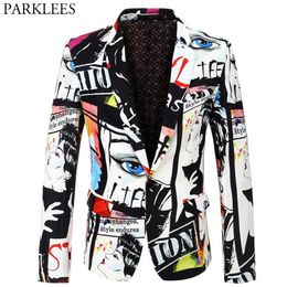 Mens Character Print Blazer Jacket Fashion Plus Size Floral Street Wear Suit Coats Casual Slim Fit Singer DJ Stage Costume Homme175z