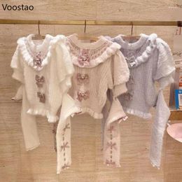 Women's Sweaters Lolita Knitted Pullover Cute Sweet Bow Plush Oversleeve Knitwear Tops Girls Spring Autumn Kawaii Pink Detachable Sleeve