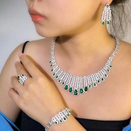 Necklace Earrings Set 4Pcs Green White CZ Leaf Pendant Luxury Bracelet Ring For Women Wedding Party Crystal Bridal Gift