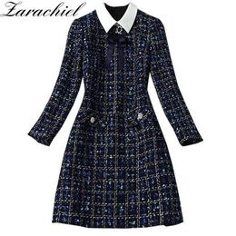 Fashion Designer Navy Blue Plaid Bow Tie Tweed Dress Autumn Winter Women Long Sleeve Diamonds Button Vintage Woollen Short Dress 22291s