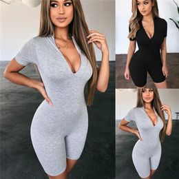 Sexy Women Zipper V-neck Jumpsuits Fitness Tights Playsuit Costume Short Sleeve Romper Tracksuit For Women313U