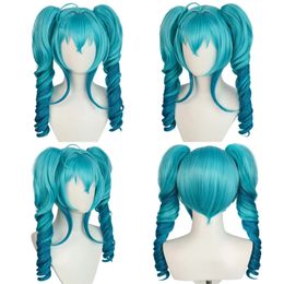 Cosplay Wigs Synthetic 18inch Straight Hatsune Blue Mixed Miku VOCALOID Wig with Double Curly tail for Halloween 231013