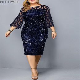 Plus Size Dresses Party Dress Ladies Midi Sequin Mesh Long Sleeve Lace Elegant Bodycon XL-4XL 5XL Evening Woman Summer 2021312j