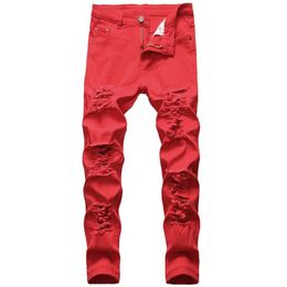 2021High Quality Brand Hip Hop Hand Denim Men Fashion Hole Red Zipper Pants Designer Jeans Slim Casual Straight Fit Men's174g