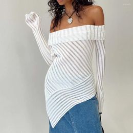 Women's Sweaters Spring Autumn White Off Shoulder Women Elegant Vintage Knitted Solid Irregular Hem Jumper High Stretch Top