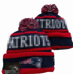 Men Knitted Cuffed Pom Patriots Beanies New England Bobble Hats Sport Knit Hat Striped Sideline Wool Warm BasEball Beanies Cap For Women a1