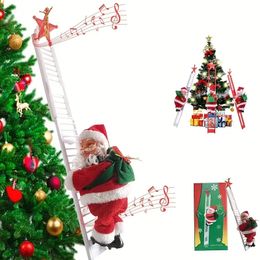 Electric Santa Climbing Ladder To Tree, Climbing Up And Down Santa Claus On Ladder With Music And Bag Of Presents Tree, Holiday Party Home Door, Wall Decoration Ornament