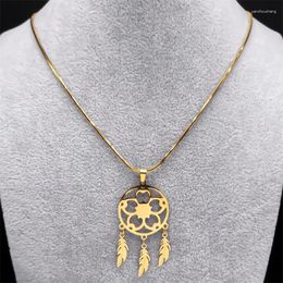 Pendant Necklaces Aesthetic Flower Dream Catcher Feather Tassel Necklace Stainless Steel Gold Color Filigree Hollow Charm Jewelry Colar NS01