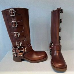 Designer Luxury Cowboy Boots for Women Tall Boots Shoes Y2k Style Brown Leather Biker Boots Ccowgirl Boots Round Toe Chunky Heel Martin Boots Belt Buckle Trim