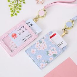 Card Holders Korean Stretch Lanyard Holder Flower PU Leather Business Work Bus ID Students Stationery Office Supplies