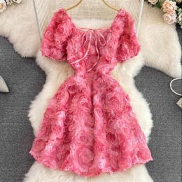 Party Dresses 2023 Summer Square Neck Puff Short Sleeve Waist Shrinking A-line Dress Pink Three-Dimensional Rose Petal Sweet First208L