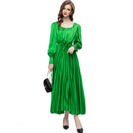 Women's Runway Dresses Square Neckline Long Sleeves Pleated Lace Up Elegant Desiger Party Gown Vestidos