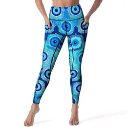 Active Pants Evil Eye Tile Leggings Abstract Print Running Yoga High Waist Elastic Sports Tights With Pockets Quick-Dry Legging