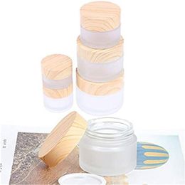 Frosted Glass Jar Skin Care Eye Cream Jars Refillable Bottle Cosmetic Container Pot with Plastic Wood Grain Lids Rqilo
