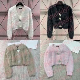 Women Fur Sweater Cardigan Luxury Short Style Cardigan Shiny Rhinestone Buckle Mink Hair Knits Tops Lady Clothing