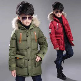 Down Coat Children's down jacket new winter boys' and girls' Plush warm medium length jacket hooded large wool collar cotton padded jacket J231013