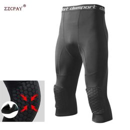 Men's Safety Anti-Collision Pants Basketball Training 3 4 Tights Leggings With Knee Pads Protector Sports Compression Trouser309S